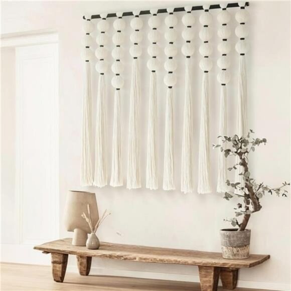 NEW Anthro XL Boho White & Black Tassel & Ball Tapestry Woven Wall Hanging - 40" - Picture 1 of 12
